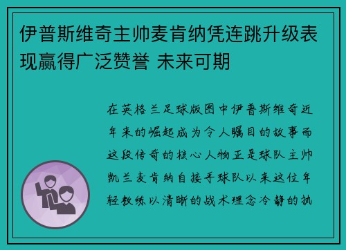 伊普斯维奇主帅麦肯纳凭连跳升级表现赢得广泛赞誉 未来可期 伊普斯维奇主帅麦肯纳凭连跳升级表现赢得广泛赞誉 未来可期