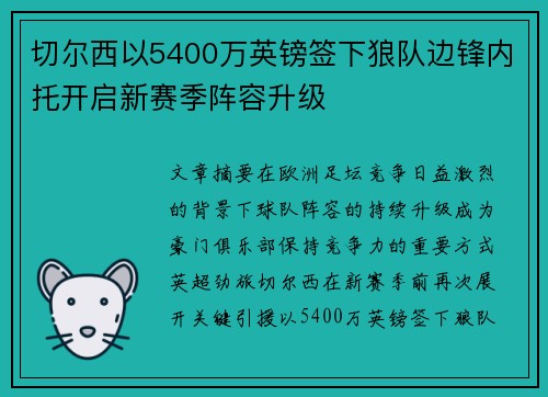 切尔西以5400万英镑签下狼队边锋内托开启新赛季阵容升级