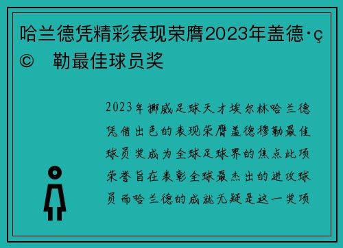 哈兰德凭精彩表现荣膺2023年盖德·穆勒最佳球员奖 哈兰德凭精彩表现荣膺2023年盖德·穆勒最佳球员奖